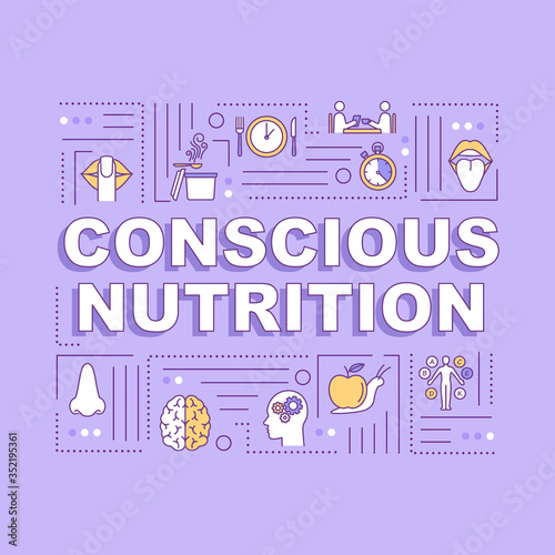 Conscious nutrition word concepts banner. Health care, mindful eating. Infographics with linear icons on purple background. Isolated typography. Vector outline RGB color illustration