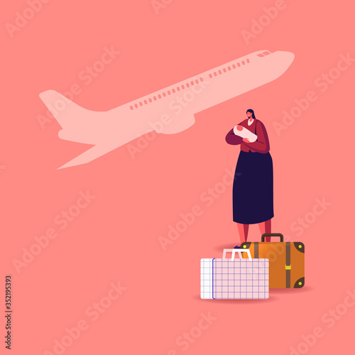 Female Character with Newborn Baby on Hands with Luggage Bags and Flying Airplane on Background. Illegal or Legal Immigrant, Refugee Woman with Child Leaving Country. Cartoon Vector Illustration