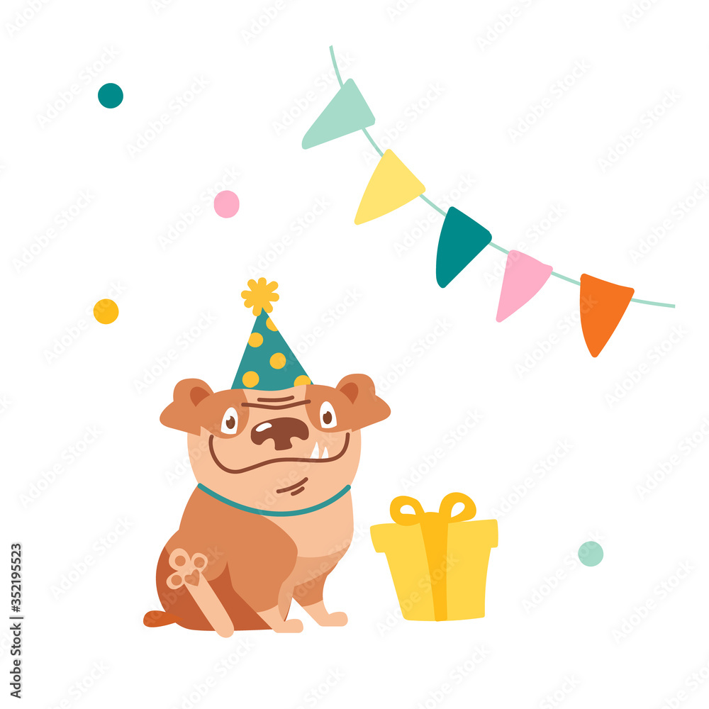 Naklejka premium Cute Dog Character Celebrate Birthday. Funny Bulldog in Festive Hat Sitting front of Wrapped Present in Room Decorated with Flag Garland and Confetti, Pet Got Gift Box. Cartoon Vector Illustration