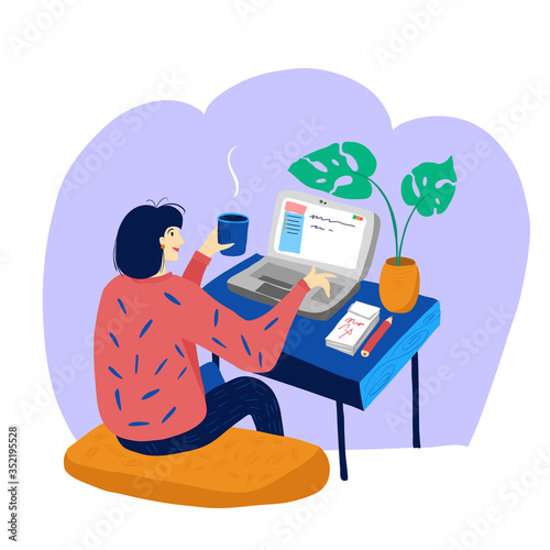 Wallpaper Mural A woman works at a laptop with a cup of tea. Stay at home, work from home, flowers in a pot, home office. Flat Vector Illustration. Torontodigital.ca