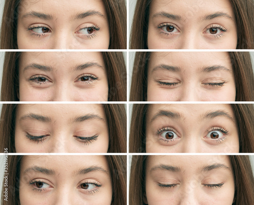 A selection of eyes of a brown-eyed teen girl, close-up, with a variety of emotions on her face.