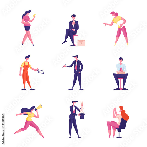 Set of Male and Female Business People Using Smartphone  Drinking Coffee and Get Parcel from Delivery Man  Characters Yelling to Megaphone  Sitting on Chair in Office. Cartoon Vector Illustration