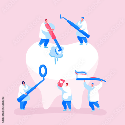 Dental Care Concept. Tiny Dentists Characters in Medical Robe Cleaning and Brushing Huge Teeth. Doctor Using Mirror. Health Care, Oral Treatment Program, Check Up. Cartoon People Vector Illustration