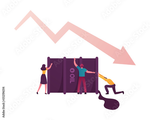 Tiny Male and Female Characters Trying to Pick Up Huge Barrel with Pouring Oil and Falling Arrow. Global Worldwide Finance Crisis, Oil War Concept. Earth Pollution. Cartoon People Vector Illustration