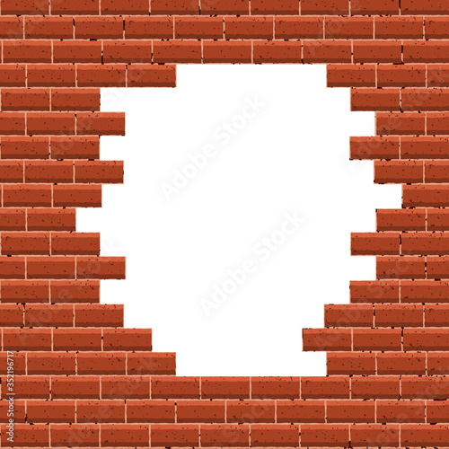 White hole in broken red brick wall. Textured background. Vector illustration.