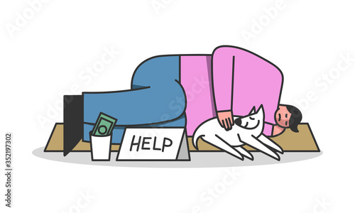 Homeless man sleeping outdoors with dog. Unemployed poor beggar character need help