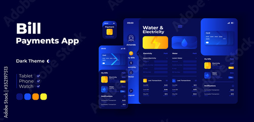 Utility bills payment app screen vector adaptive design template. Water and electricity cost application night mode interface with flat characters. Smartphone, tablet, smart watch cartoon UI