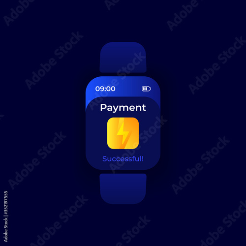 Successful payment smartwatch interface vector template. Mobile app notification night mode design. Online money transaction message screen. Flat UI for application. Smart watch display