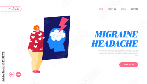 Vessel Rupture, Migraine Landing Page Template. Tiny Female Character Holding Xray of Human Head with Brain Stroke, Apoplexy, Insult Attack. Doctor Medical Aid, Neurology. Cartoon Vector Illustration photo