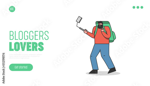 Travel video blog landing page design. Vlogging tourist or traveler concept