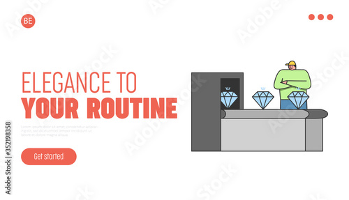 Jewelry production industry. Jeweler man work with diamonds on conveyor Template landing page