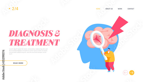 Insult Disease Symptoms, Neuroscience Landing Page Template. Tiny Male Character Holding Magnifying Glass Looking on Huge Human Head with Apoplexy Attack or Brain Stroke. Cartoon Vector Illustration