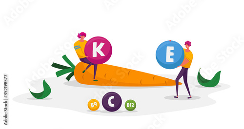 Healthy Food Choice, Vitamins in Products, Organic Greenery and Vegetables. Young Man and Woman Characters Sitting at Huge Carrot Holding Vitamin Balls Hands. Cartoon People Vector Illustration