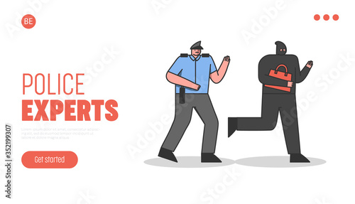Police officer running after burglar thief with stolen handbag. Website landing page template