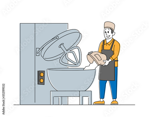 Bakery, Baked Food Producing Industry and Manufacture Process. Worker Character Prepare Fresh Bread Pouring Flour to Huge Container for Mixing Dough in Bakehouse Factory. Linear Vector Illustration