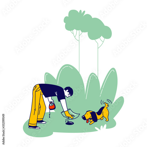 Dog Owner Character Remove Dog Shit from Ground in Park or House Yard Using Plastic Bag on Hand. Man Care Environment, Follow Cleaning Rules while Walking Domestic Animal. Linear Vector Illustration