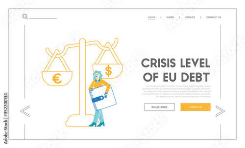 People and Money Landing Page Template. Female Character Enjoy Finance Success, Saving Euro and Dollars Currency in Wallet. Tiny Woman Carry Huge Purse with Cash at Scales. Linear Vector Illustration