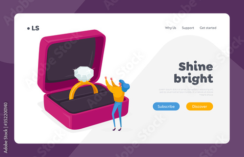 Marry Me, Proposal, Love Landing Page Template. Woman Stand at Huge Open Box with Engagement Ring. Tiny Female Character Looking on Beautiful Diamond Jewelry with Gemstone. Cartoon Vector Illustration
