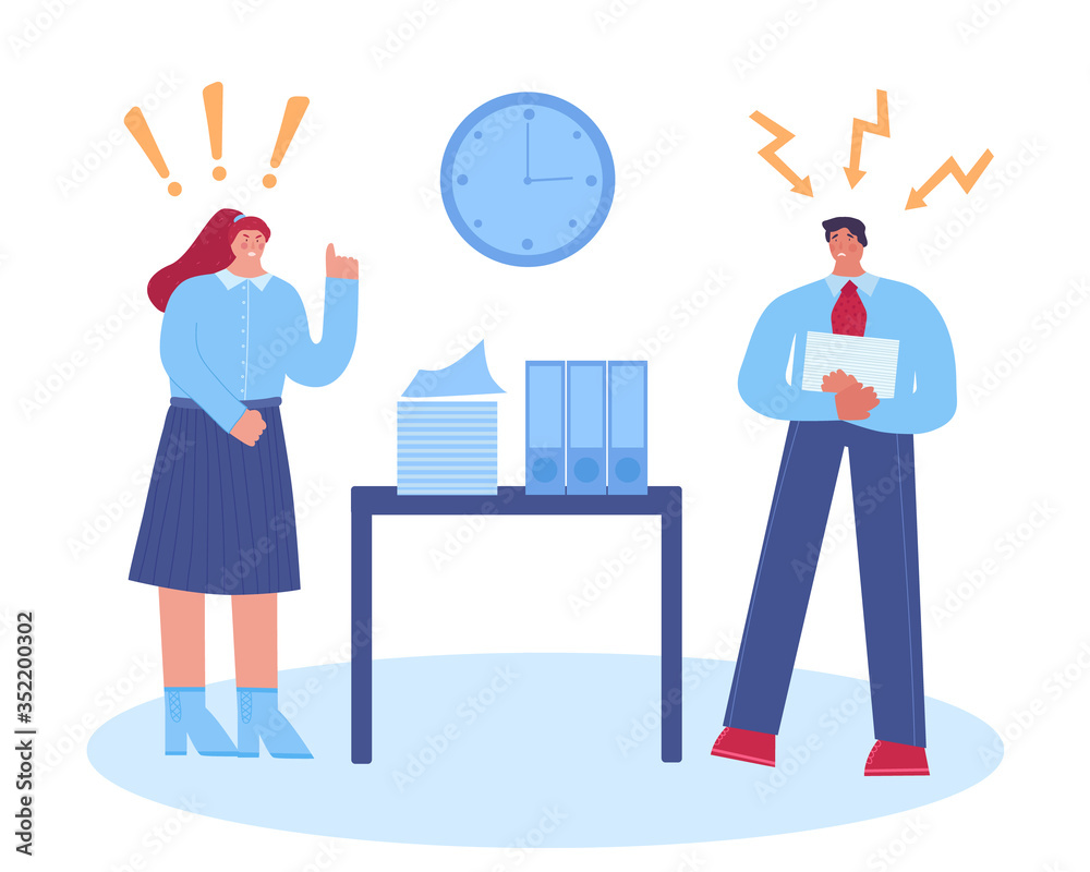 Harassment in the workplace. Female boss screaming at employee. Vector illustration.