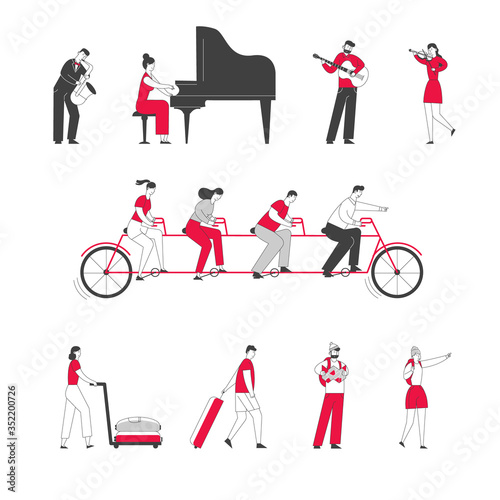Set of Male and Female Characters Playing on Musical Instruments Grand Piano, Saxophone, Violin and Guitar, Tourists Traveling with Luggage, People Team Riding Tandem Bike. Linear Vector Illustration