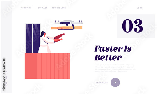 Shipping Service Landing Page Template. Female Character Stand on House Balcony Get Pizza Order Delivering with Drone by Air. Futuristic Technologies in Deliver Post Mail. Cartoon Vector Illustration