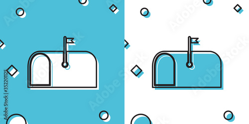 Black Mail box icon isolated on blue and white background. Mailbox icon. Mail postbox on pole with flag. Random dynamic shapes. Vector Illustration