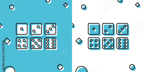 Black Set of six dices icon isolated on blue and white background. Random dynamic shapes. Vector Illustration