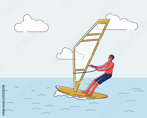 Man riding windsurf board. Male cartoon character windsurfing in ocean. Extreme summer water activity