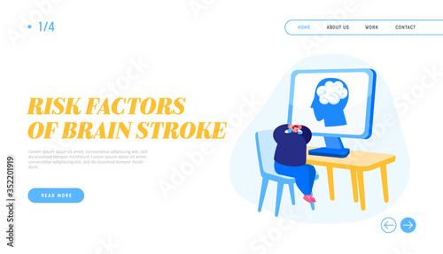 Hypertension Crisis Landing Page Template. Male Character Have Brain Stroke, Apoplexy Attack on Working Place. Office Employee with Strong Headache Sitting at Desk on Pc. Cartoon Vector Illustration