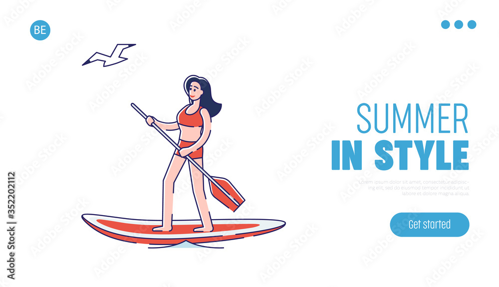 Summer vacation landing page with woman paddling on sup board. Seaside holiday activity concept