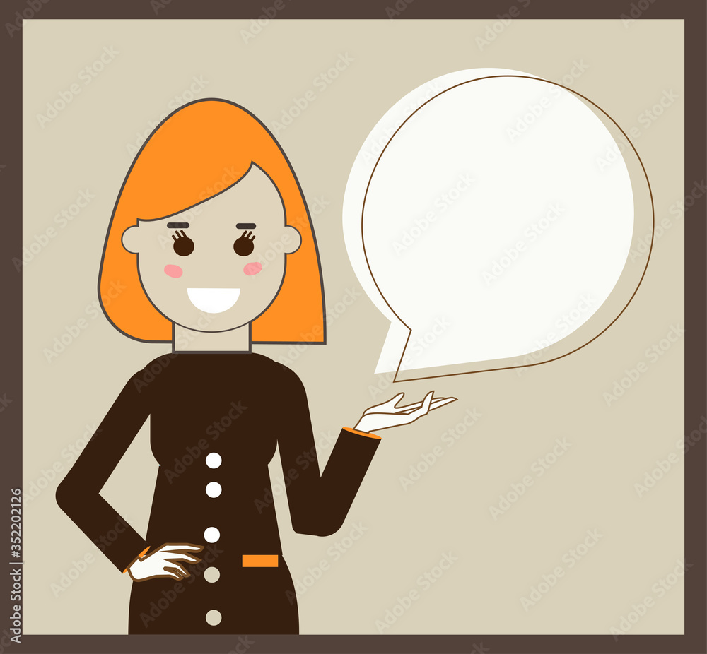 Ready-to-use banner or avatar with a young smiling girl and a bubble. Flat style vector illustration isolated on a colored background