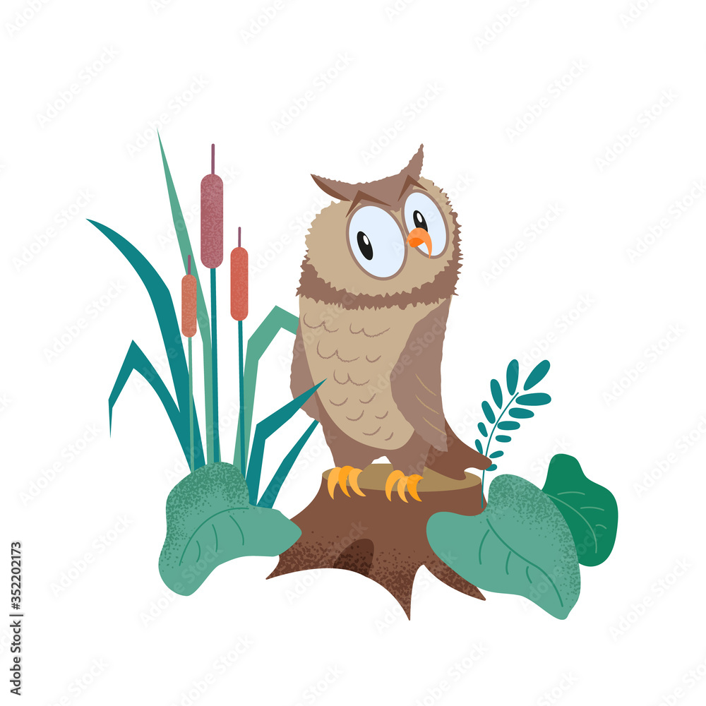 Fototapeta premium A funny owl sits on a stump.Cartoon vector isolated illustration in flat style with texture.