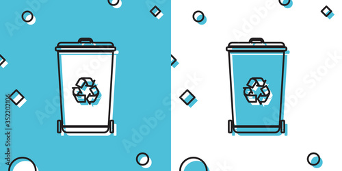 Black Recycle bin with recycle symbol icon isolated on blue and white background. Trash can icon. Garbage bin sign. Recycle basket icon. Random dynamic shapes. Vector Illustration