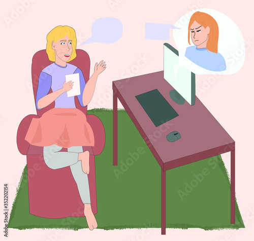 classes with a psychologist in video communication. girl at a psychotherapist session online. online psychology. video call. online chat. talks about his feelings online