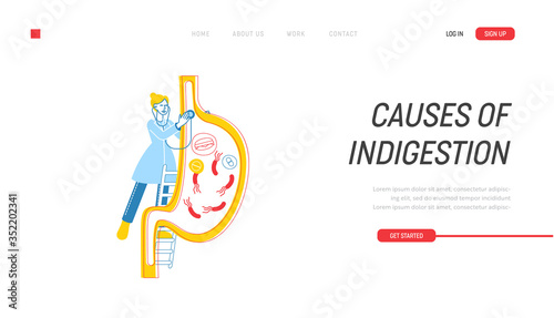 Gastroenterology Landing Page Template. Female Doctor Character Stand on Ladder with Stethoscope at Huge Stomach. Medic Study Gastritis and Helicobacter Pylori Germs. Linear People Vector Illustration