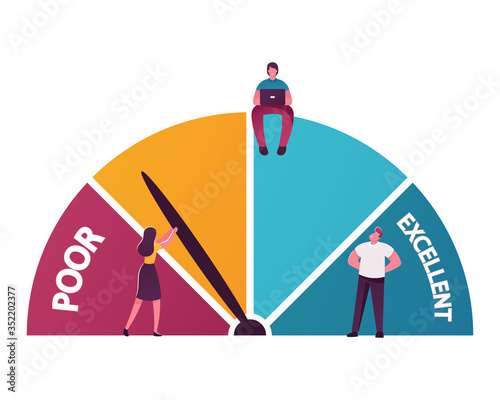 Tiny Male and Female Characters Analyze Credit Rating Choose between Poor and Excellent Banking Conditions. People at Scale, Man Work on Laptop, Solvency, Creditworthiness. Cartoon Vector Illustration