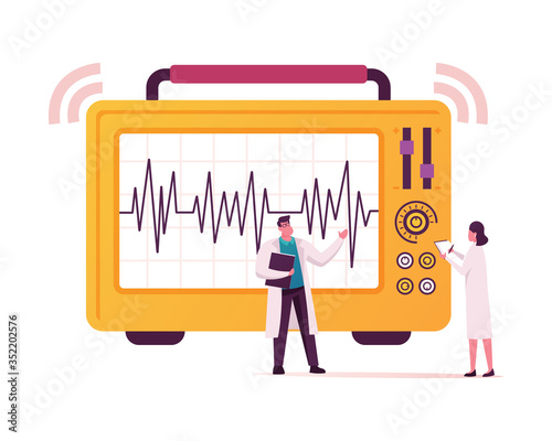 Tiny Scientists Characters in Laboratory Look on Huge Seismograph Machine Drawing Graph Line Depicting Seismic and Earthquake Activity. Geological Cataclysm. Cartoon People Vector Illustration