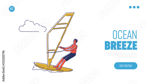 Man windsurfing in ocean over web landing page background. Summer seaside vacation activity concept