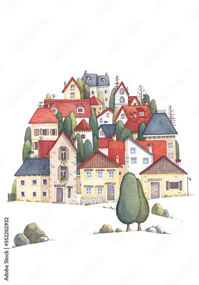 Illustrazione ad acquerello, piccolo e bel paesino europeo sulla collina. Gruppo di case con tetti di tegole rosse, blu e grigie con alberi e fiori