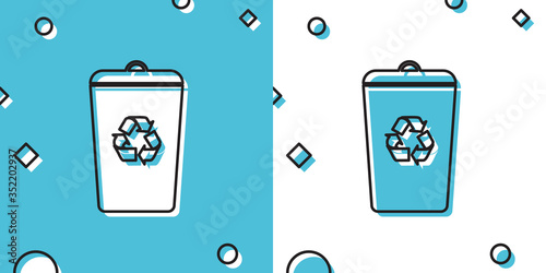 Black Recycle bin with recycle symbol icon isolated on blue and white background. Trash can icon. Garbage bin sign. Recycle basket sign. Random dynamic shapes. Vector Illustration