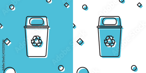 Black Recycle bin with recycle symbol icon isolated on blue and white background. Trash can icon. Garbage bin sign. Recycle basket sign. Random dynamic shapes. Vector Illustration