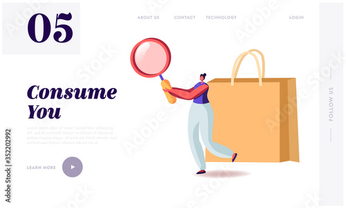 Consumer Basket, Consumption Reducing Landing Page Template. Tiny Female Character Holding Magnifying Glass at Huge Paper Bag. Shopping in Supermarket. Woman Searching. Cartoon Vector Illustration