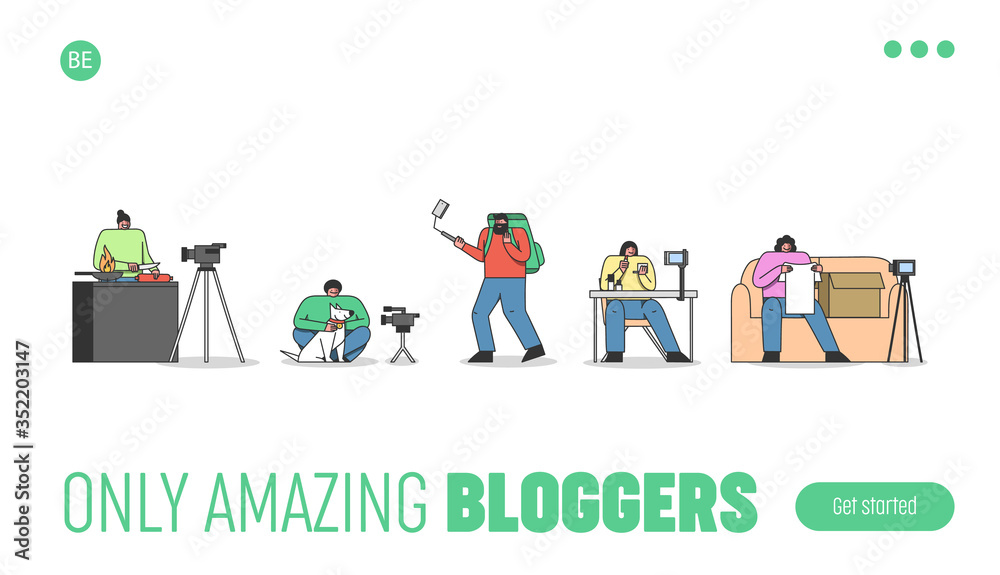 Fototapeta premium Bloggers channel template landing page. Cartoon video content makers with different vlogs