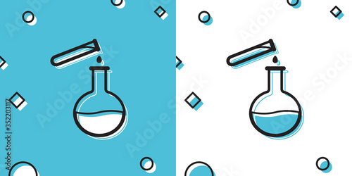 Black Test tube and flask - chemical laboratory test icon isolated on blue and white background. Laboratory glassware sign. Random dynamic shapes. Vector Illustration