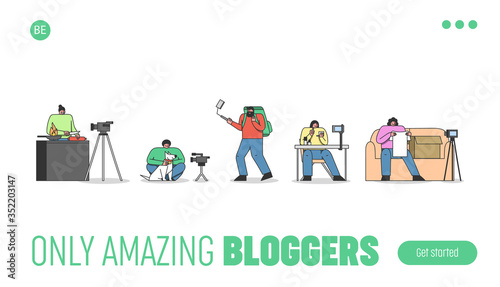 Bloggers channel template landing page. Cartoon video content makers with different vlogs