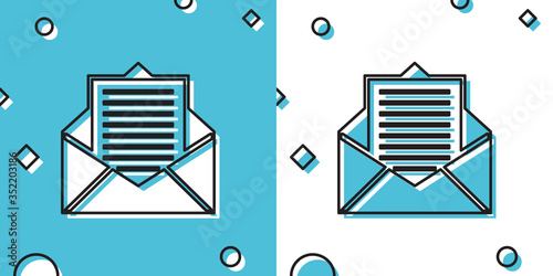 Black Mail and e-mail icon isolated on blue and white background. Envelope symbol e-mail. Email message sign. Random dynamic shapes. Vector Illustration