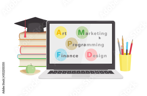 Online courses, distance education, home training, self-study at home. Learning new professions using a computer and Internet technologies. Video tutorials, webinars, online trainings. E-learning.