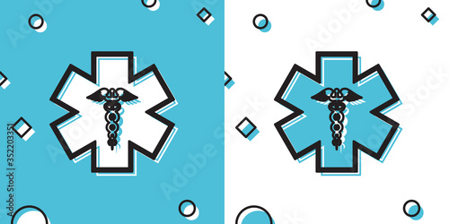 Black Emergency star - medical symbol Caduceus snake with stick icon isolated on blue and white background. Star of Life. Random dynamic shapes. Vector Illustration photo