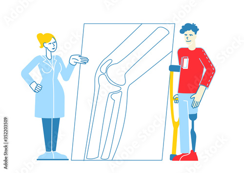 Invalid Handicapped Man Character Standing on Crutches with Prosthesis on Leg Visiting Orthopedy Clinic or Hospital Communicate with Doctor Orthopedist, Healthcare. Linear People Vector Illustration