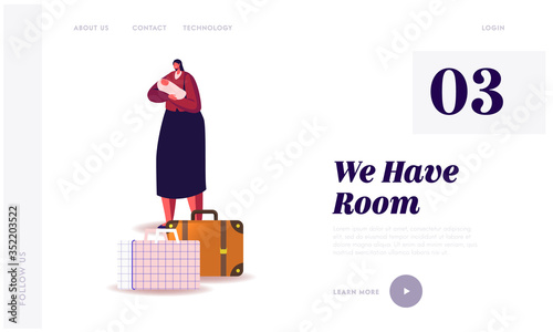 Illegal or Legal Immigrant, Refugee Landing Page Template. Female Character with Newborn Baby on Hands with Luggage Bags and Flying Airplane on Background Leaving Country. Cartoon Vector Illustration